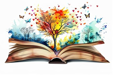 An open book with pages transforming into an imaginative world of fantasy and wonder, filled with