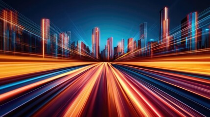 Fototapeta premium Motion blur city featuring futuristic cityscape and cyberspace skyline concept. Dynamic cityscape with vibrant light trails at night.