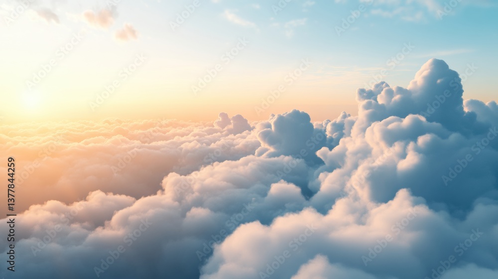 Aufkleber a serene view of fluffy clouds illuminated by a soft sunrise, creating a tranquil atmosphere in the 