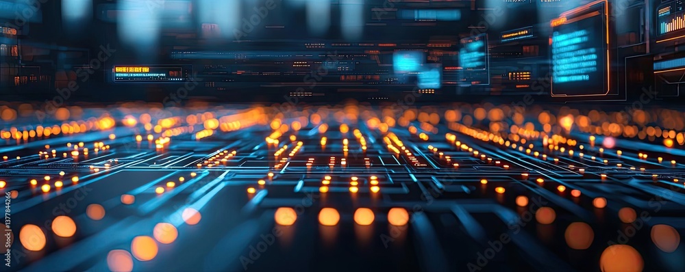 Poster motion blur city featuring future panorama and cyberspace landscape concept. abstract view of a digi