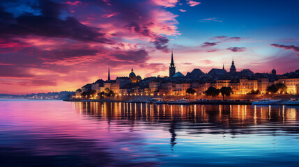 Naklejka premium The sky glows with shades of pink and purple as the sun sets over a serene lakeside town. Colorful buildings line the shore, reflecting beautifully in the calm water.