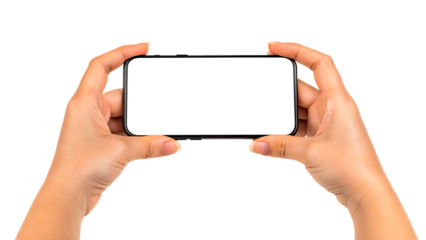 A hand holding a cell phone with a white background