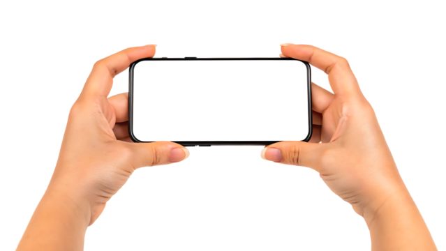 A hand holding a cell phone with a white background