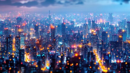 Fototapeta premium Motion blur city in digital cyberspace with future skyline concept. A vibrant city skyline illuminated at night with stunning lights.