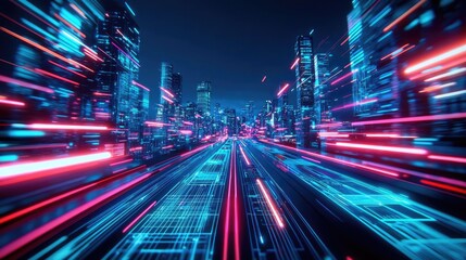 Fototapeta premium Motion blur city featuring future panorama and cyberspace landscape concept. Futuristic cityscape with neon lights and digital effects.
