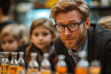 Students are fully engaged as their teacher demonstrates a hands-on science experiment with colorful liquids at a community center in the afternoon Generative AI