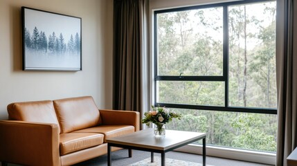 This tranquil space features large windows showcasing lush trees and a warm, minimalistic aesthetic with stylish furnishings