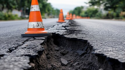 Cracked pavement with orange cones highlighting road damage caused by natural earthquake disaster.