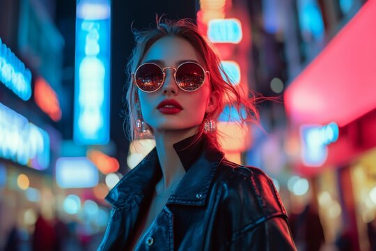 A fashionable woman strolls through a vibrant urban area illuminated by colorful neon lights. The night encapsulates a lively and chic city vibe Generative AI