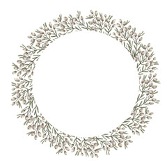 Circle wreath with wildflower and copy space in vintage style. Handdrawn watercolor decorative festive design. Graphic drawing ideal for Easter card template. Perfect for spring holiday season.