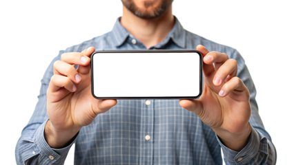 Mobile phone mockup. Person holding phone horizontally in both hands. isolated on white background PNG. GENERATIVE AI