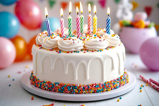 A birthday cake with lit candles on top of it - Powered by Adobe