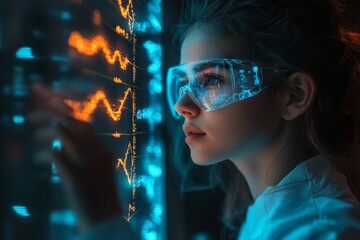 In a contemporary lab setting, a young scientist studies a DNA sequence display, focusing intently on intricate patterns and data analysis Generative AI