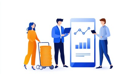 Three individuals analyze data on a large screen, with one holding a laptop and another standing beside a stack of coins, symbolizing finance and technology.