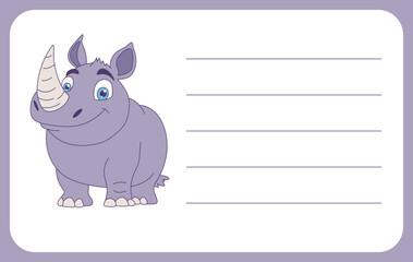 Cartoon rhino sits beside lined label, ready for notes. Cute violet coloring, simple design. Children's item.