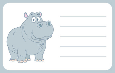 Illustration of a cartoon hippopotamus standing next to lines for writing a message or contact information.