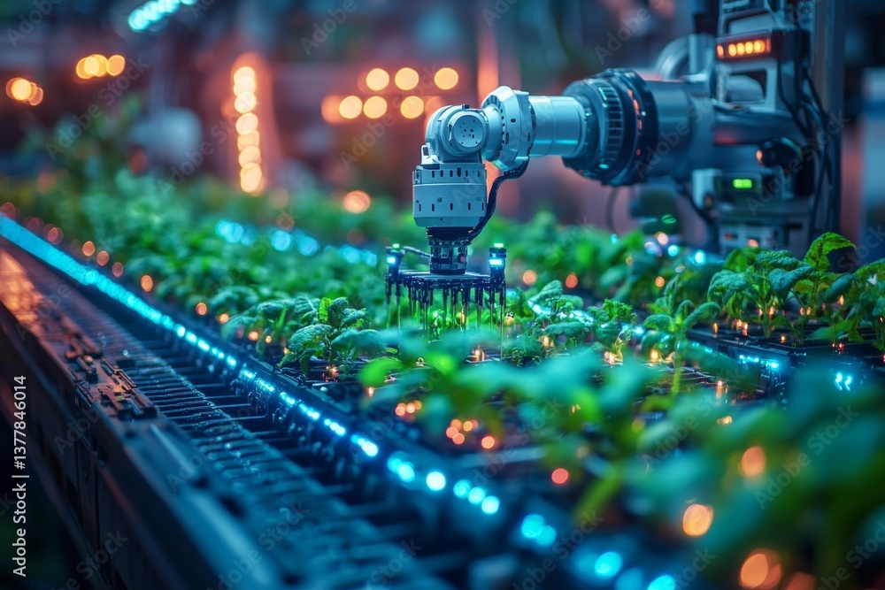 Poster automated robotic systems manage and nurture crops in a high-tech agricultural setting, showcasing a