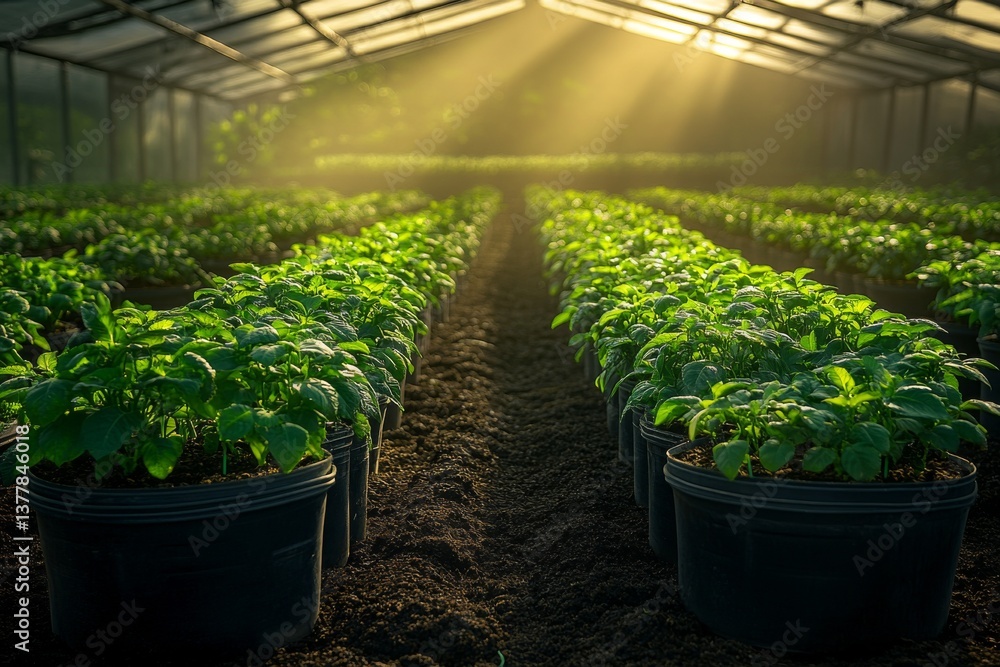 Poster rows of healthy plants in black pots thrive in a high-tech greenhouse, illuminated by beams of sunli