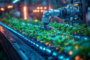 Automated robotic systems manage and nurture crops in a high-tech agricultural setting, showcasing advanced farming methods and sustainable practices Generative AI