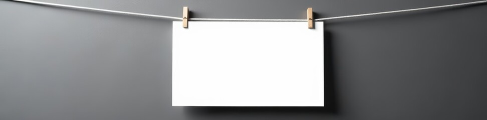 Obraz premium Close up of blank white card suspended by clear wire against monochrome wall, interior design, abstract