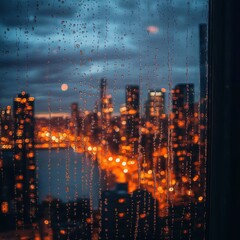Obraz premium Cityscape at Night with Raindrops on Window Pane Featuring Lights