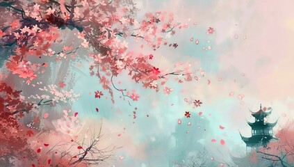 Cherry blossom, fantasy background, soft pastel colors, pink and light blue sky, clouds, Chinese