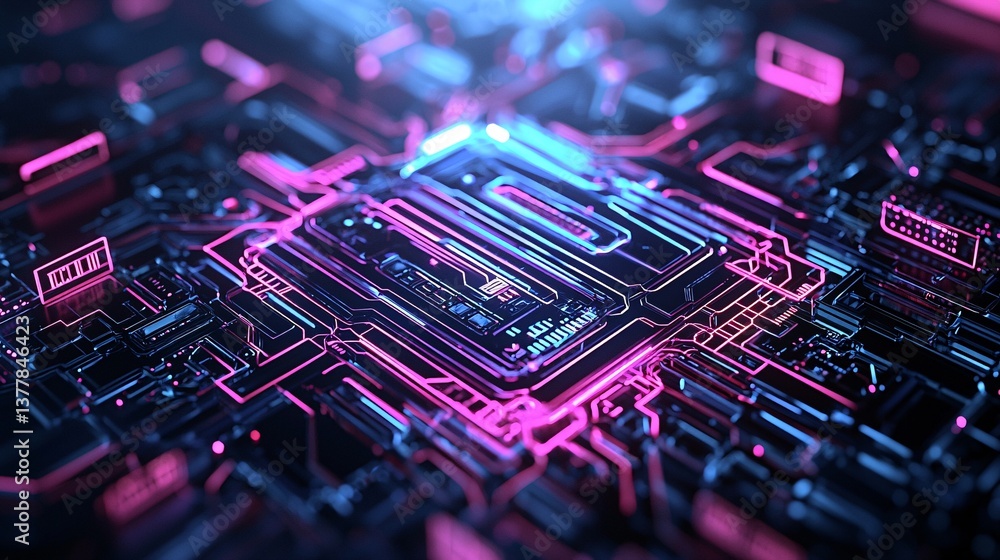 Poster futuristic digital abstraction, glowing neon lines weaving through a dark void, intricate fractal pa
