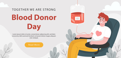World Blood Donor Day Poster – A vibrant and engaging digital illustration promoting blood donation on June 14th, featuring a donor, a blood bag, and red tube.