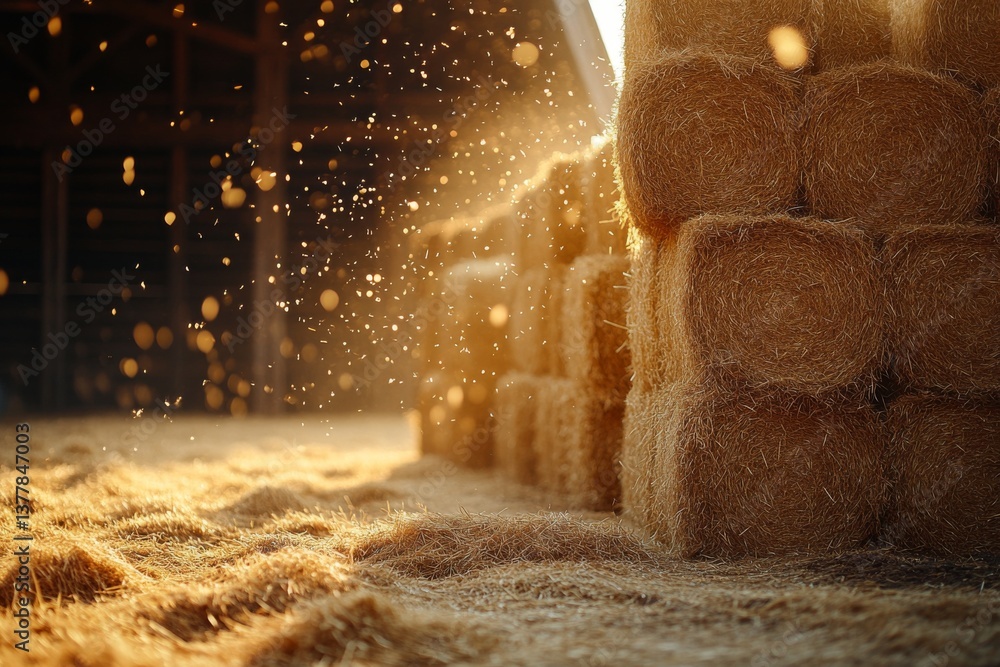 Poster close-up of stacked golden hay bales in a rustic barn, with warm sunlight filtering through, creatin