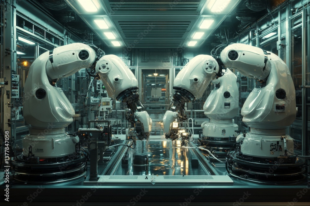 Poster in a high-tech industrial environment, multiple robotic arms engage in precise movements, performing