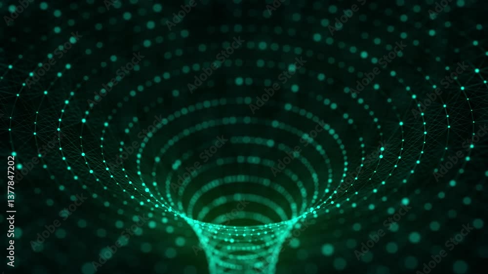 Poster technology wireframe circle tunnel on green background. futuristic 3d wormhole grid. big data visual