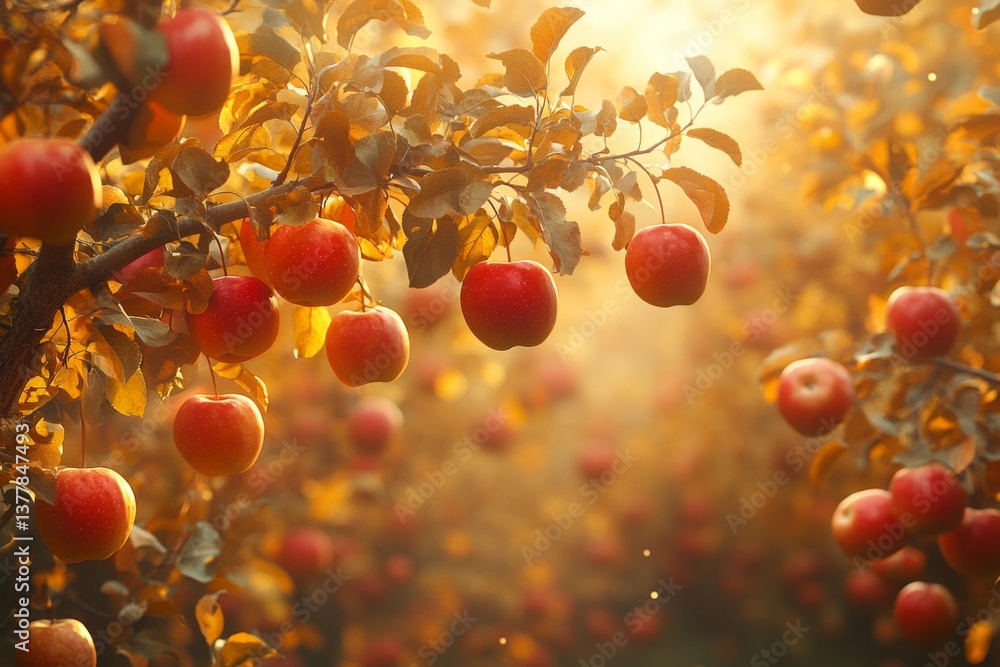Poster warm sunlight filters through leaves in an apple orchard as ripe apples hang from branches. the scen