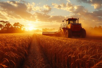 Fototapeta premium Farmers work diligently to prepare their machinery for the upcoming harvest in a picturesque wheat field under a stunning sunset Generative AI