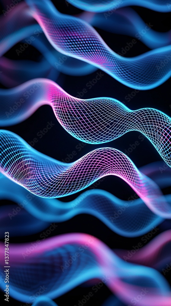 Poster abstract generative art, chaotic glitch patterns interwoven with fluid symmetry, pulsating neon line