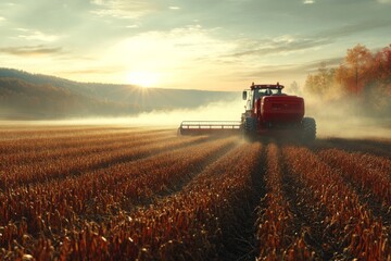 Fototapeta premium Harvesters are busy collecting potatoes in a serene field at dawn, with golden sunlight breaking through the mist and illuminating autumn foliage Generative AI