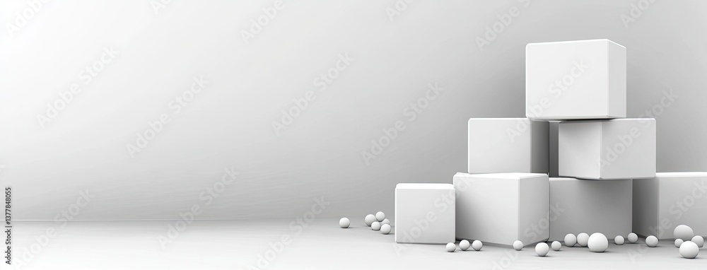Poster minimalist display features a white box on three smaller boxes, surrounded by spheres against a clea