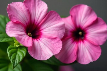 Fototapeta premium Close-up of petunia petals and green leaves in corner composition, blossom, summer