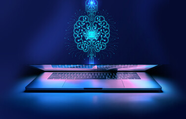 A futuristic laptop with glowing digital waves emerging from its screen, symbolizing AI, data flow,...