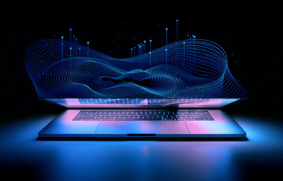 A futuristic laptop with glowing digital waves emerging from its screen, symbolizing AI, data flow, and technology - Powered by Adobe
