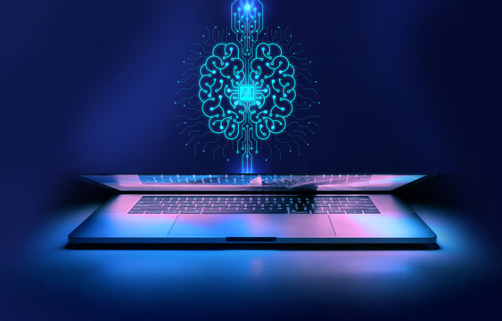 A futuristic laptop with glowing digital waves emerging from its screen, symbolizing AI, data flow, technology