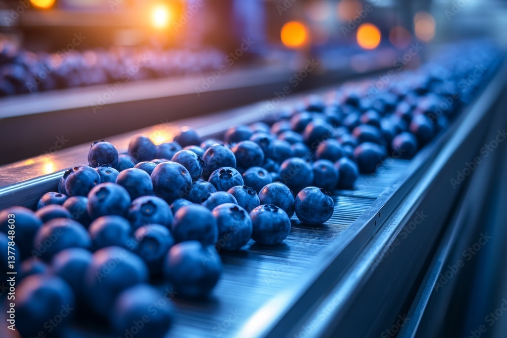 Poster blueberries move along a high-tech conveyor belt in a processing facility, showcasing advanced sorti