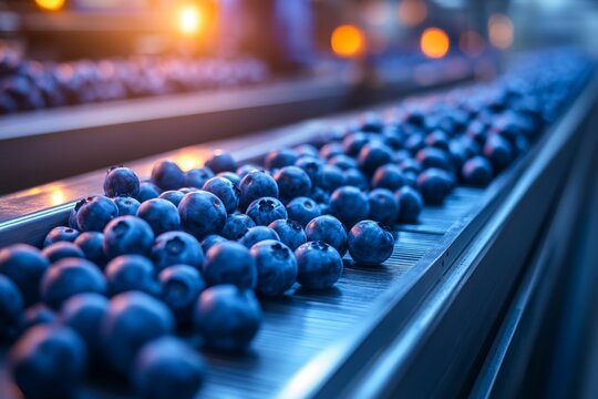 Blueberries move along a high-tech conveyor belt in a processing facility, showcasing advanced sorting technology during the evening hours Generative AI
