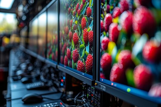 A high-tech setup features numerous computer screens monitoring satellite data related to agriculture, focusing on crop health and environmental conditions Generative AI