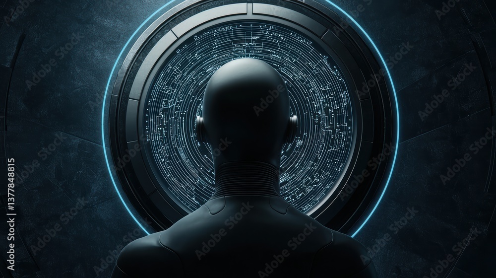 Poster a futuristic figure stands before a circular portal, surrounded by intricate patterns, evoking theme
