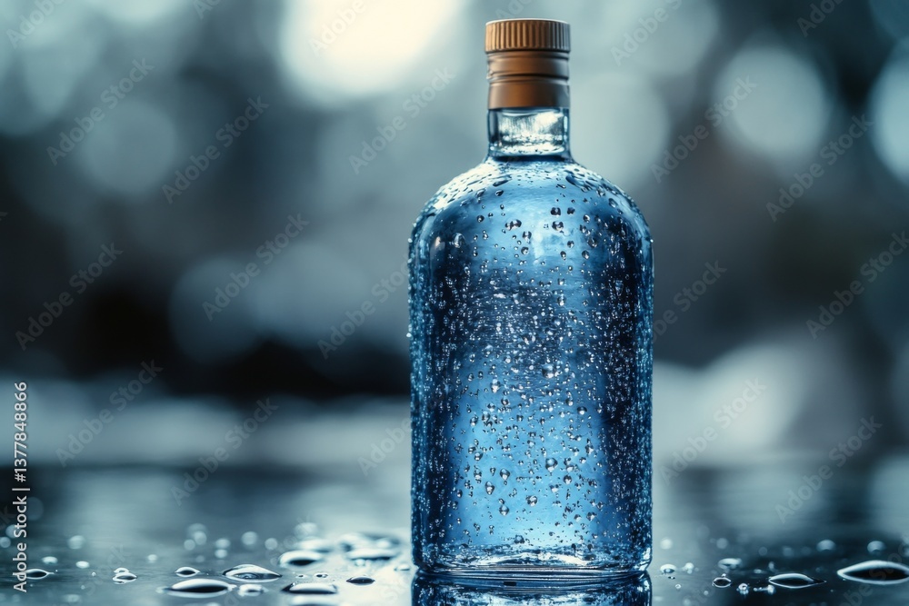 Poster clear vodka bottle adorned with tiny water droplets, glistening in a bright light. the background fe