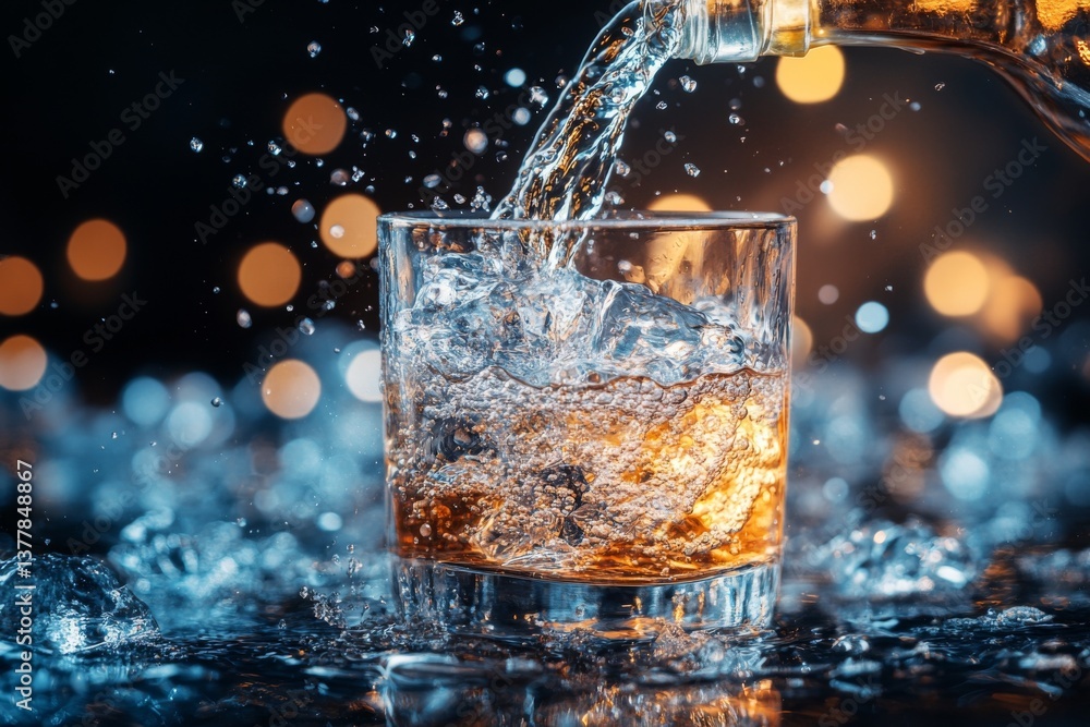 Poster clear liquid is poured from a bottle into a glass filled with ice, creating a refreshing drink. the 