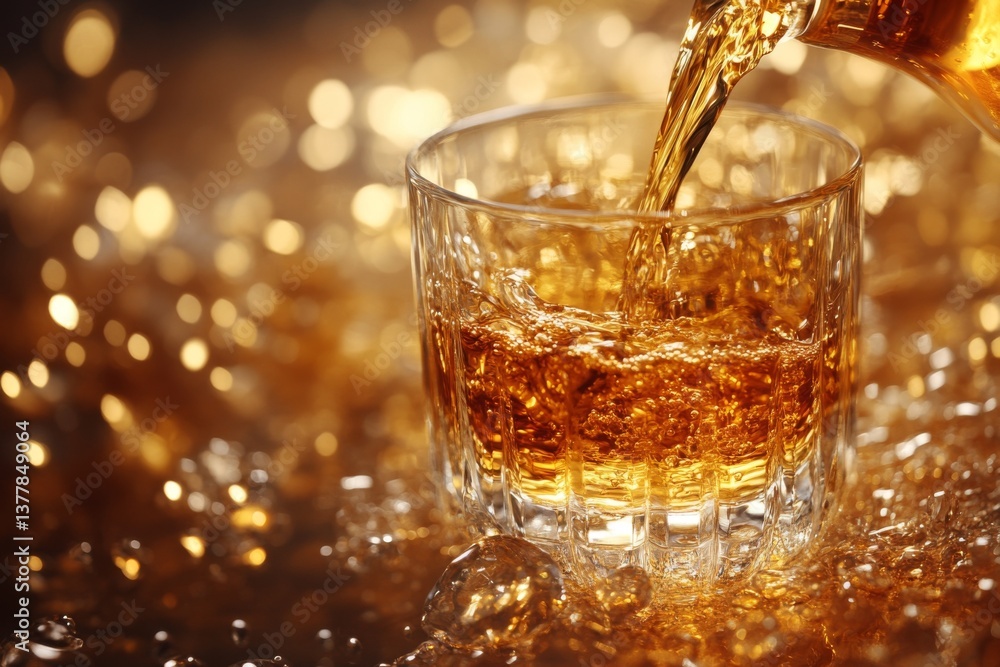 Poster golden cognac is being poured into a crystal glass, creating ripples in the liquid. the setting is e