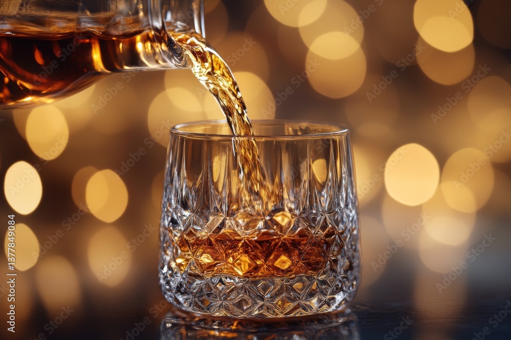 Poster rich cognac is being poured into a crystal glass, with warm bokeh lights in the background, adding a
