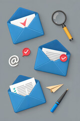 Three blue envelopes with documents, a magnifying glass, and a pen