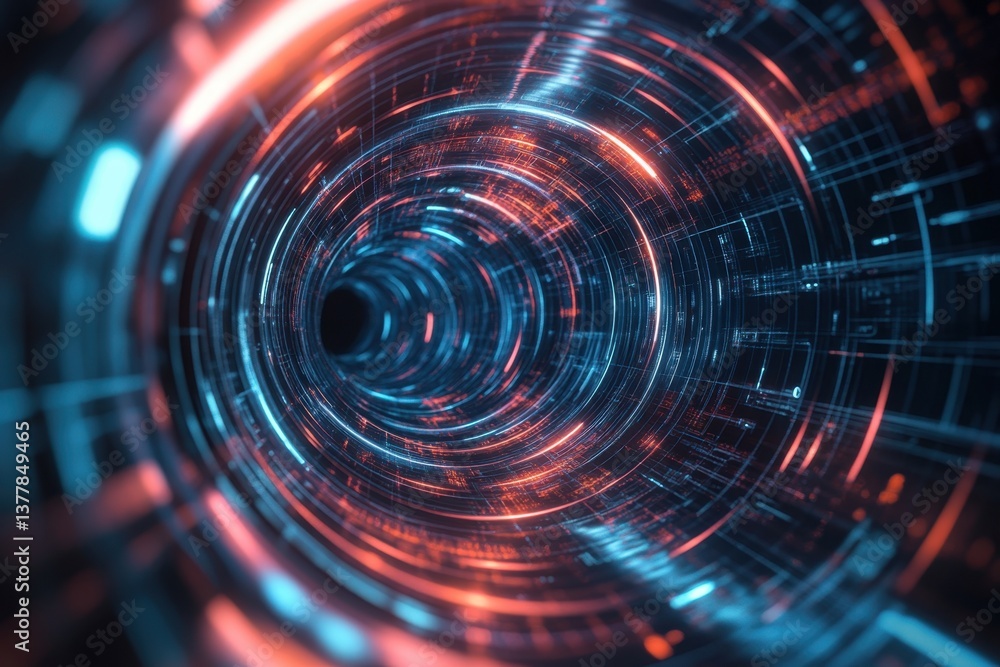 Poster visual representation of a futuristic tunnel with glowing circuits and vibrant colors